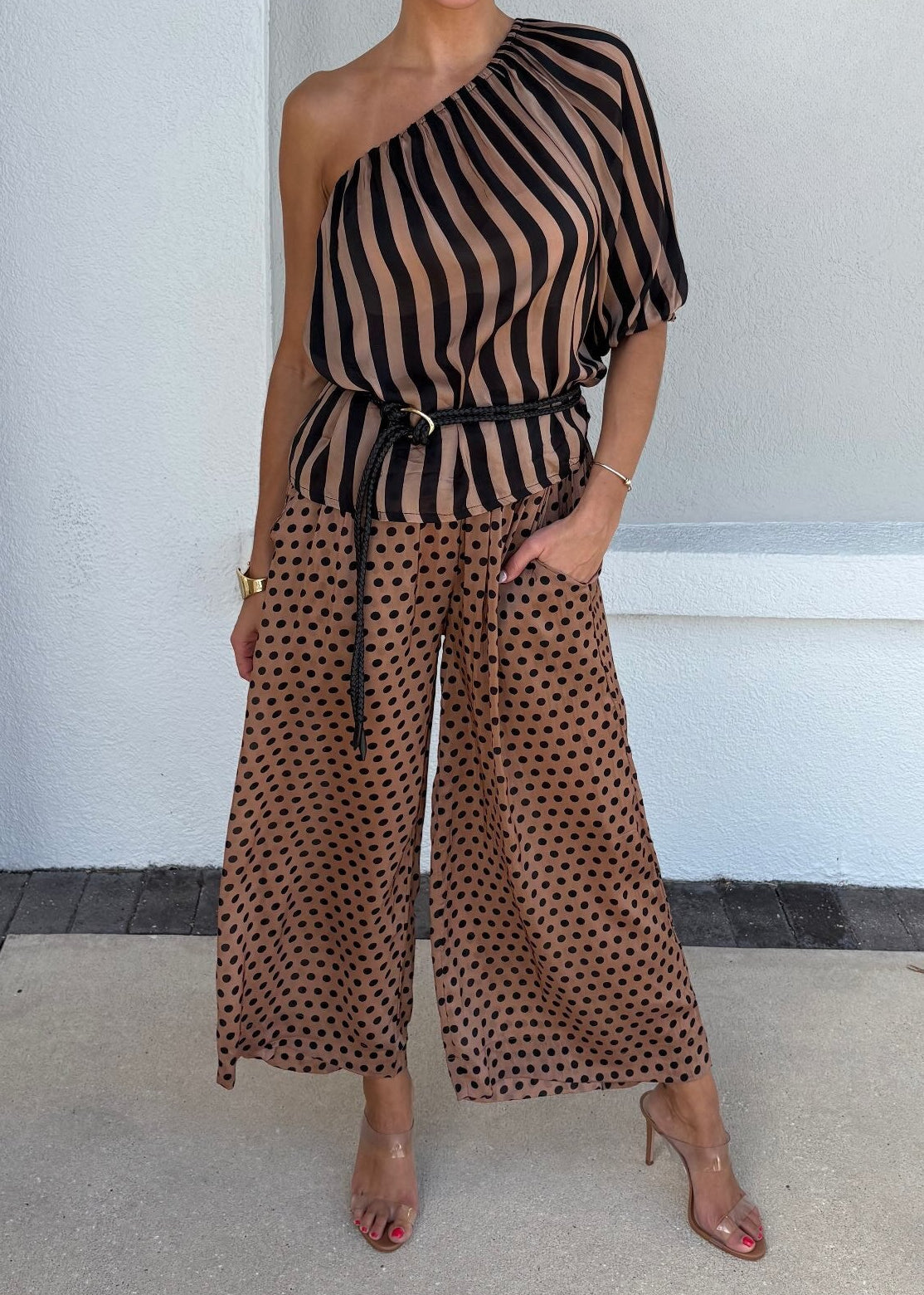 Erin One Shoulder Top with polka dot pant