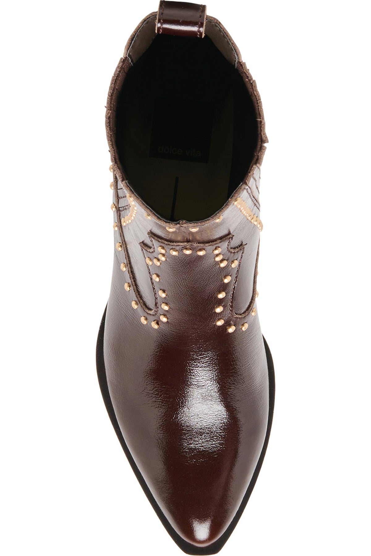 A dark brown leather pointed-toe ankle boot with decorative gold-tone studs and contrast stitching on the side, shown from a top-down view on a white background.