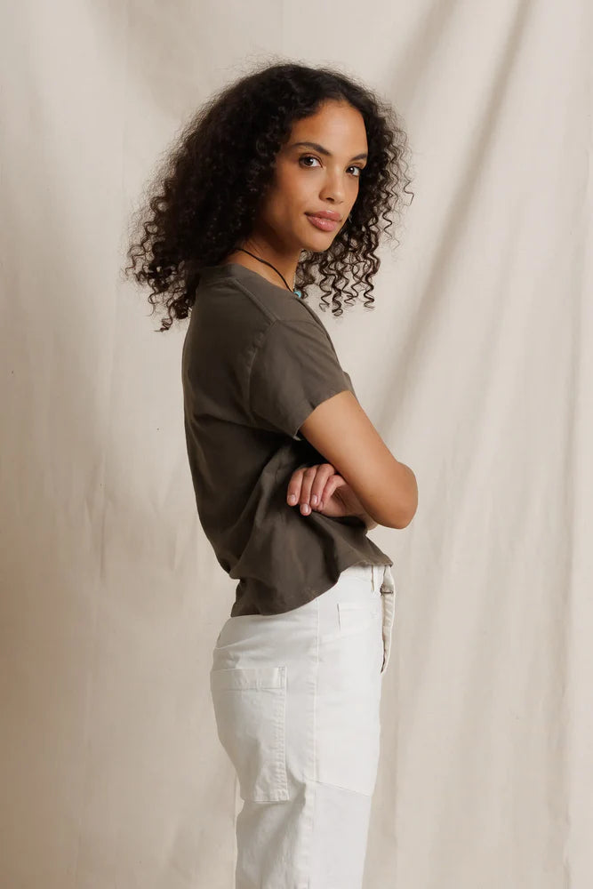 Alanis V-Neck Tee in Dark Olive side view on model