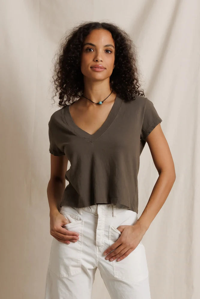 Alanis V-Neck Tee in Dark Olive front view on model