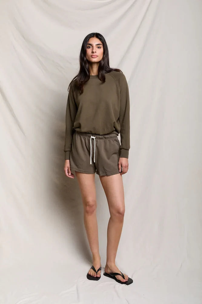 Layla French Terry Short in Dark Olive full body front view on model with matching sweatshirt