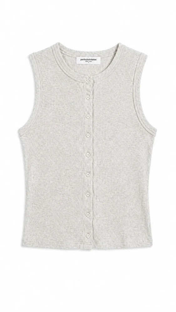 A light beige sleeveless knit vest with a button-up front, displayed flat against a white background.
