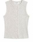 A light beige sleeveless knit vest with a button-up front, displayed flat against a white background.