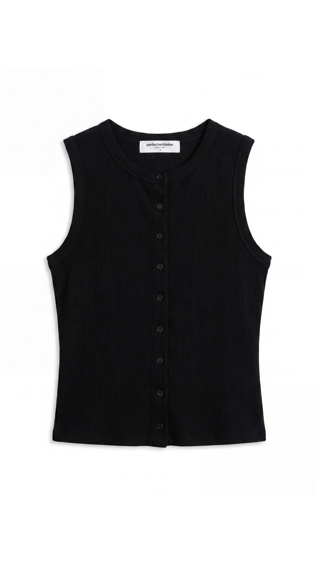 black button down sleeveless top on a white background 