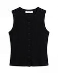 black button down sleeveless top on a white background 