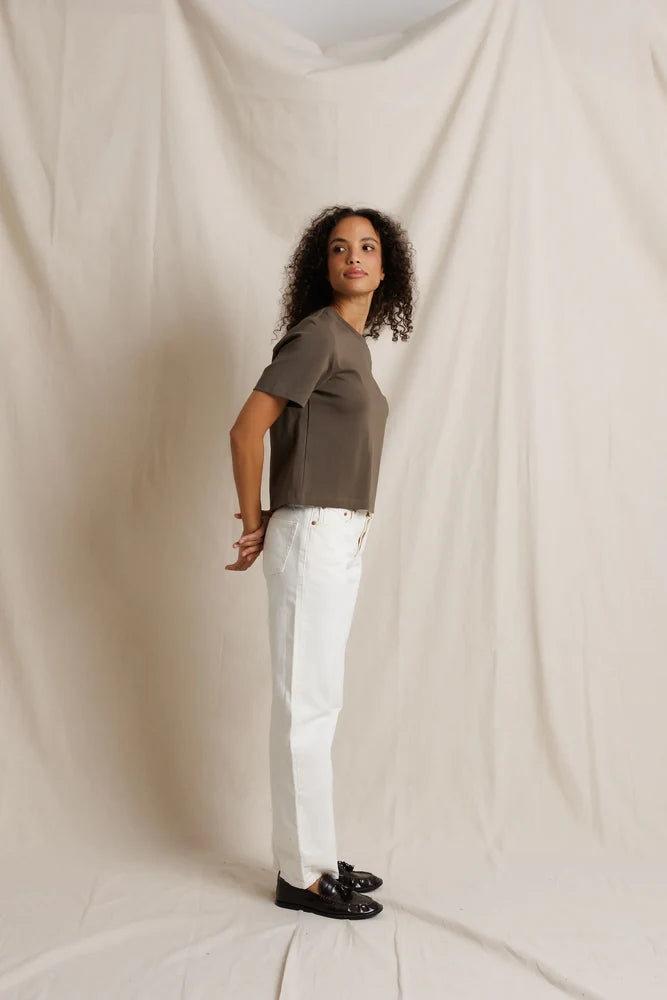Atlas Crewneck Tee in Dark Olive side view on model