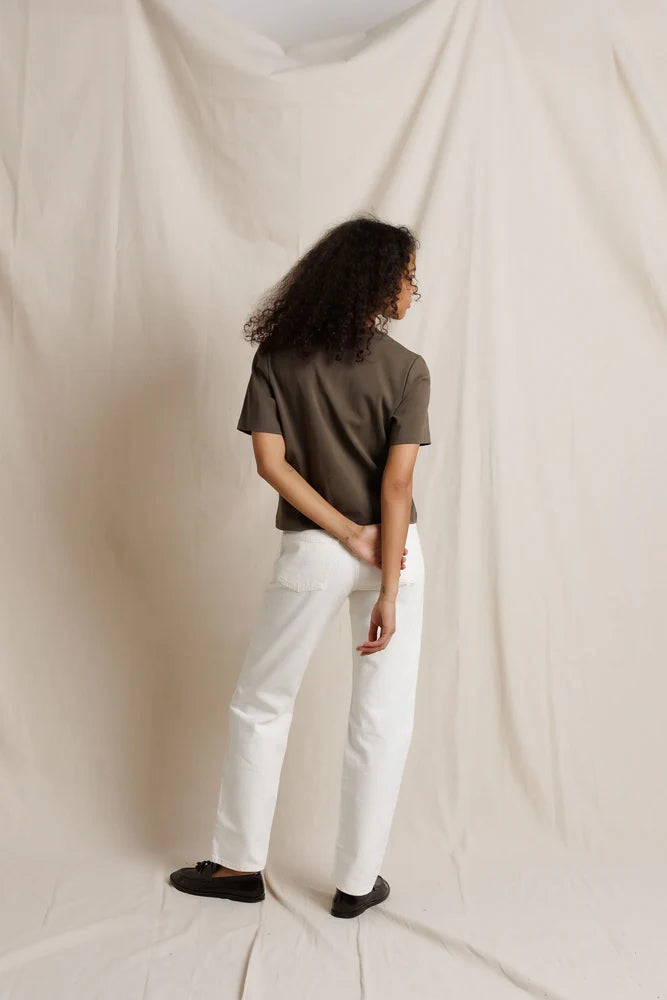 Atlas Crewneck Tee in Dark Olive back view on model
