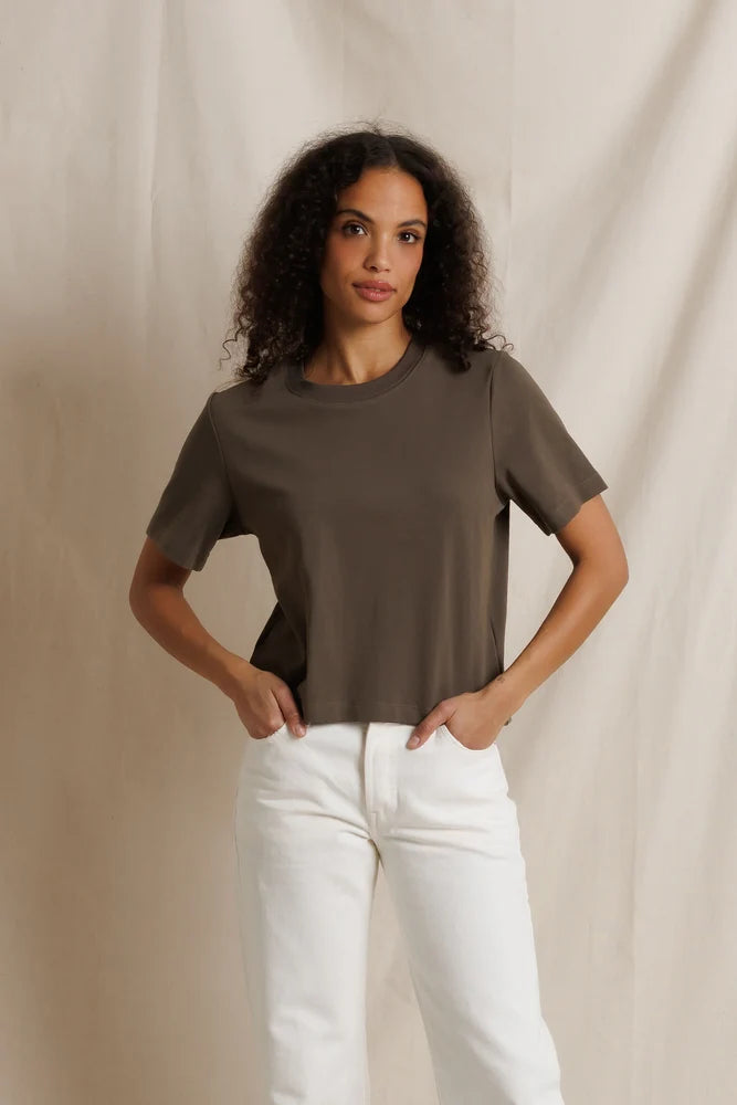 Atlas Crewneck Tee in Dark Olive front view on model