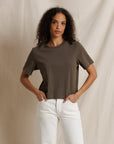 Atlas Crewneck Tee in Dark Olive front view on model
