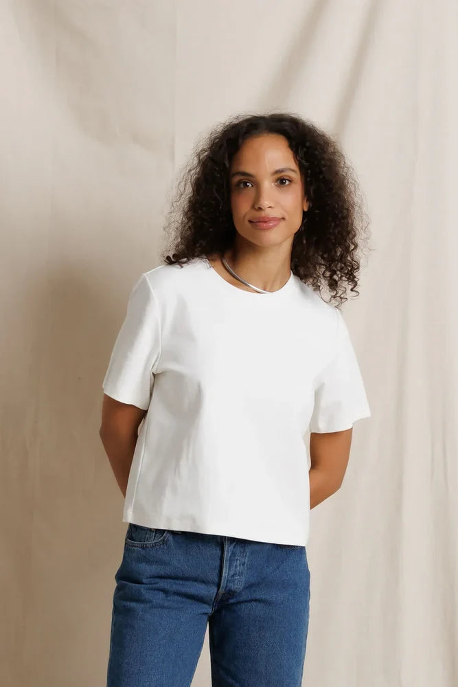 Atlas Crewneck Tee in White front view on model