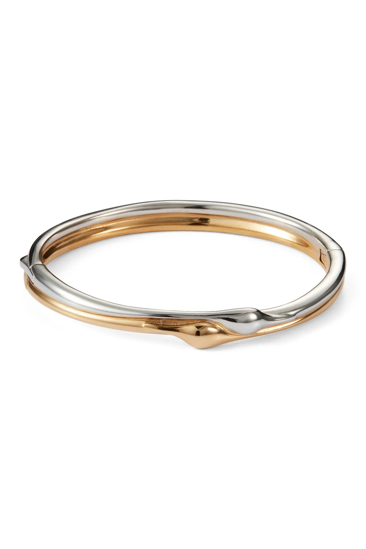 A two-tone metal bangle bracelet with a polished silver outer band and a gold inner band, shown on a clean white background.