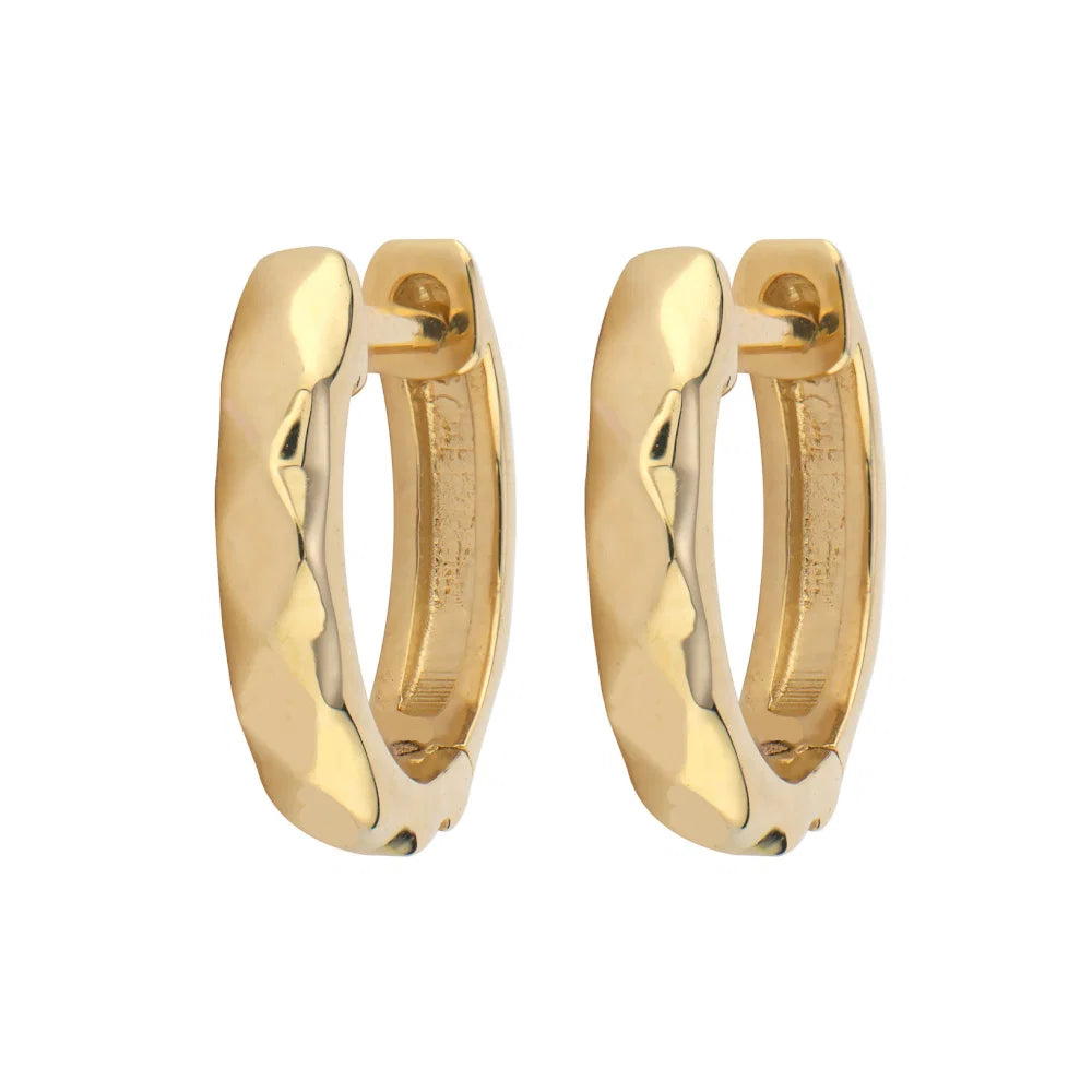 Pair of Gold Textured Hoop Earrings front and partial side view on white background