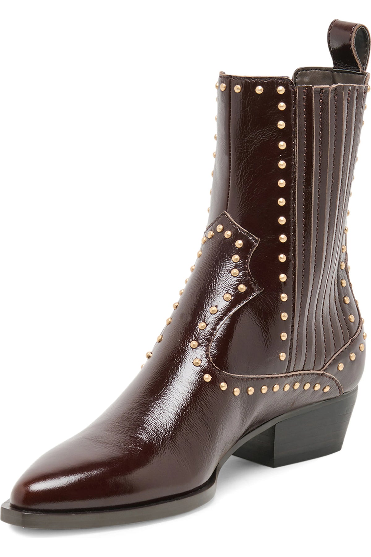 A dark brown leather ankle boot with a pointed toe, a low block heel, and decorative gold-tone studs along the shaft and side panels, shown against a plain white background.