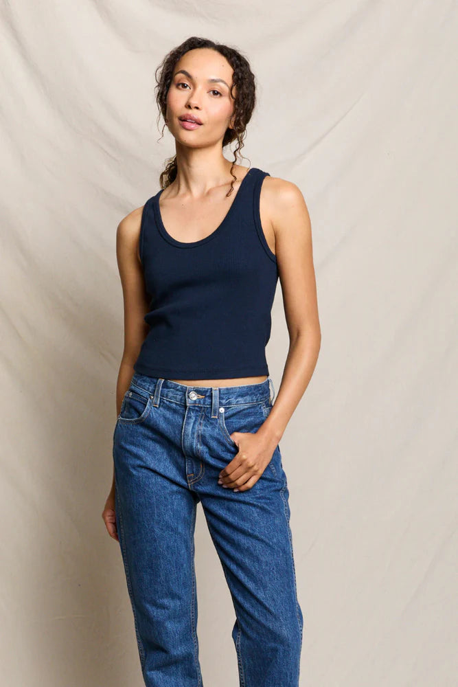Blondie Tank in Navy front view on model