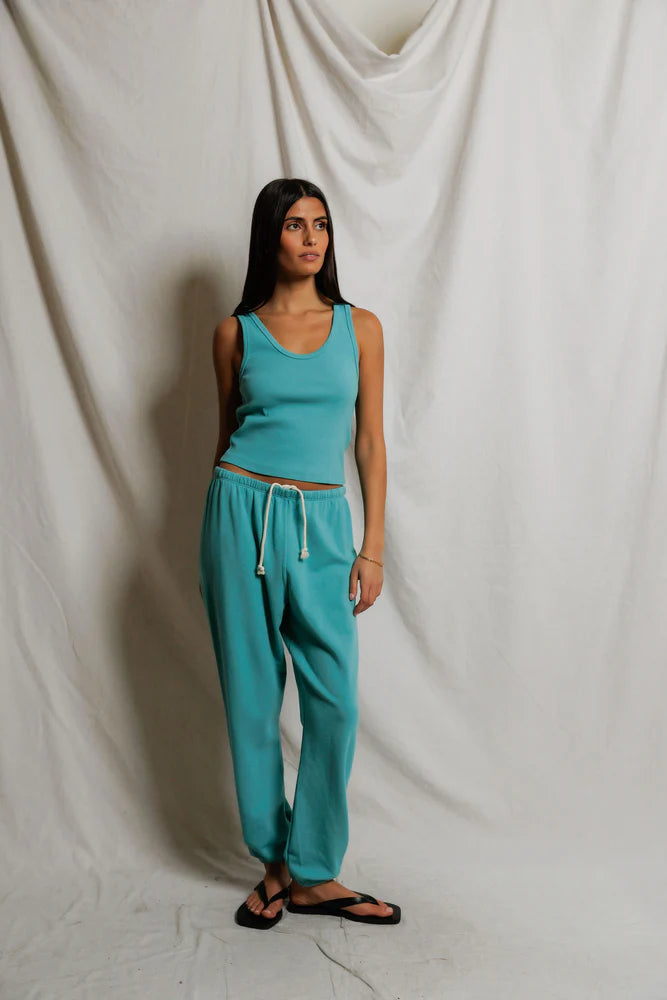 Johnny Sweatpant in Teal Blue full body front view on model