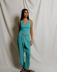 Johnny Sweatpant in Teal Blue full body front view on model