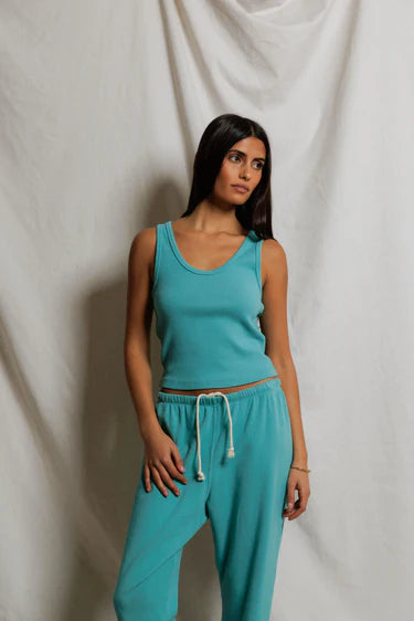 The Blondie Tank in Teal Blue front view on model