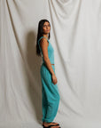 Johnny Sweatpant in Teal Blue full body side view on model