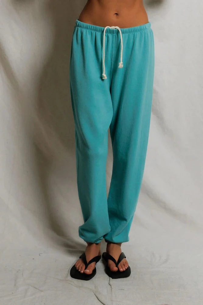 Johnny Sweatpant in Teal Blue close up front view on model