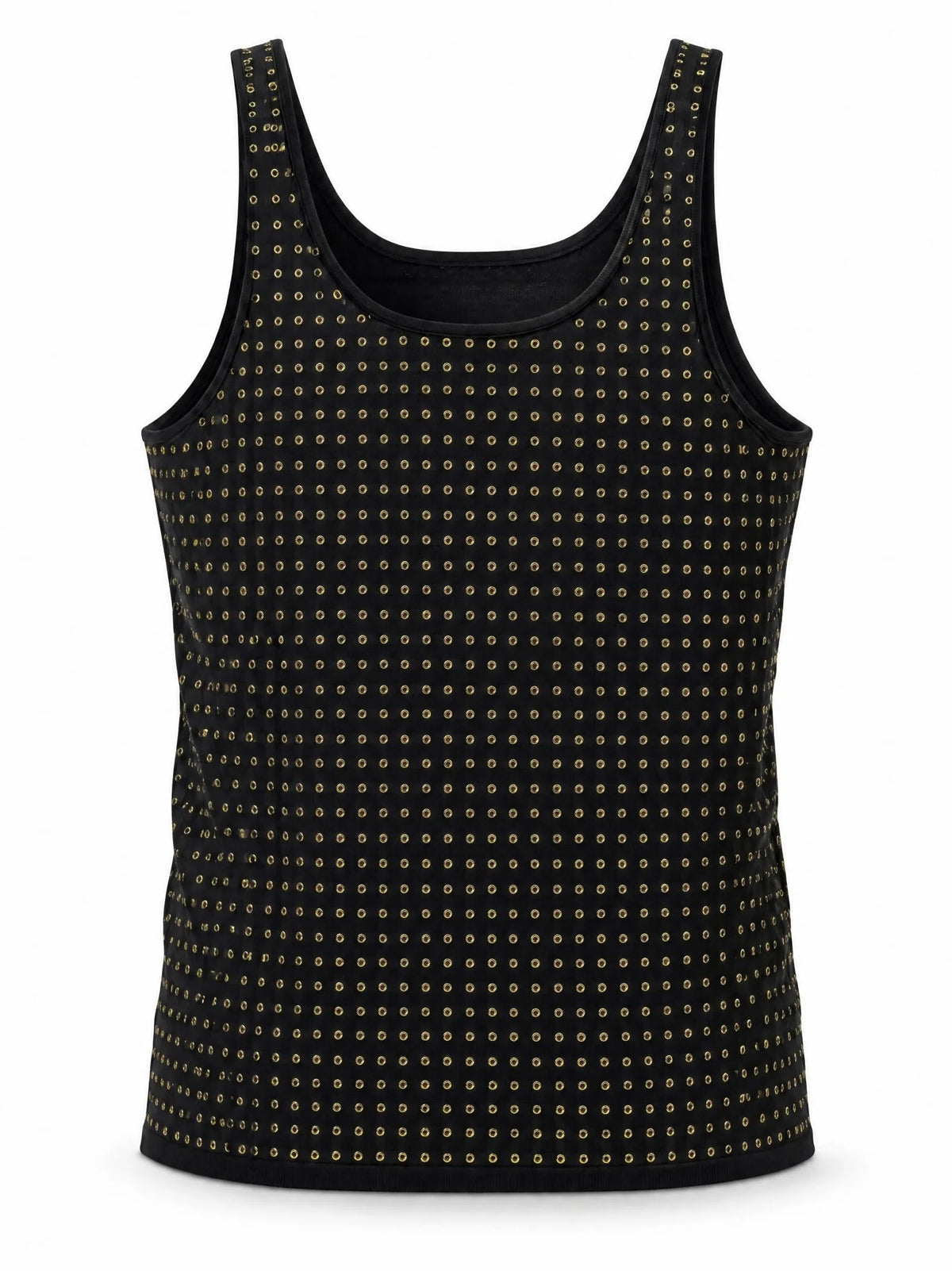 A black sleeveless tank top with a repeating pattern of small gold dots, shown against a plain white background.