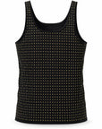 A black sleeveless tank top with a repeating pattern of small gold dots, shown against a plain white background.