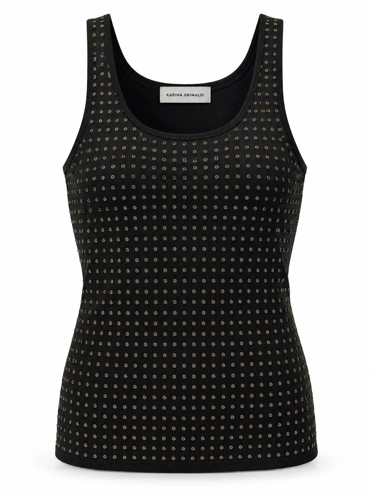 A black scoop-neck tank top, decorated with a dense pattern of small gold metallic studs, shown against a plain white background.