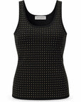 A black scoop-neck tank top, decorated with a dense pattern of small gold metallic studs, shown against a plain white background.