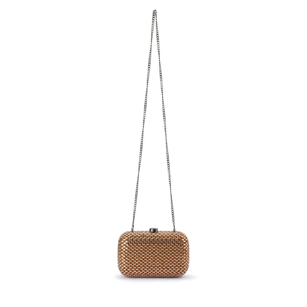 Brown woven handbag with a chain strap on a white background