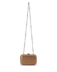 Brown woven handbag with a chain strap on a white background