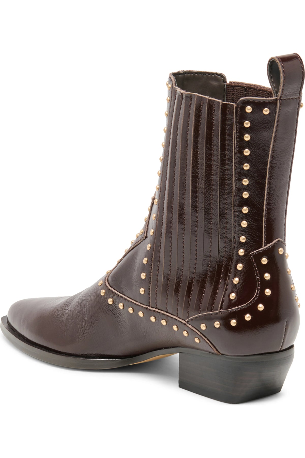 A dark brown leather ankle boot with a pointed toe, stacked block heel, and decorative gold-tone studs along the shaft and around the ankle opening, shown from a side-rear angle on a white background.