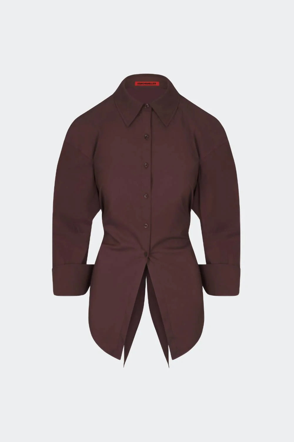 long sleeve button down top with collar in brown with a white background 