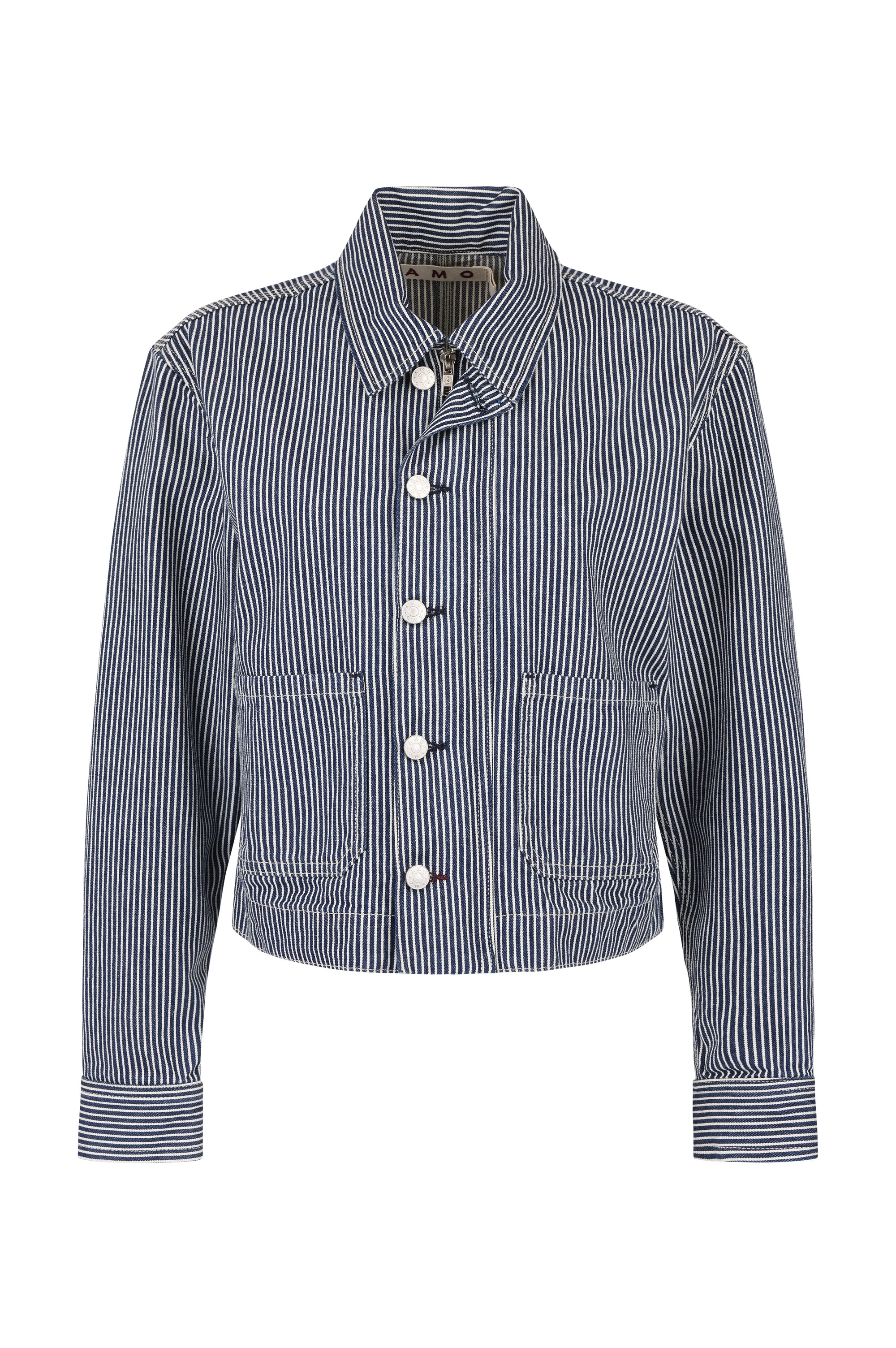 A cropped denim jacket with vertical navy and white stripes, featuring a pointed collar, button-up front, and two front flap pockets, shown on a plain white background.