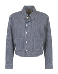 A cropped denim jacket with vertical navy and white stripes, featuring a pointed collar, button-up front, and two front flap pockets, shown on a plain white background.