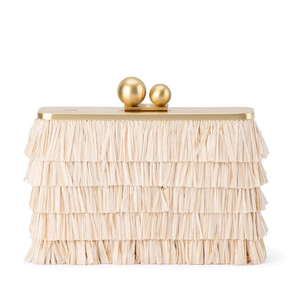 Clutch bag with ruffled design and gold accents on a white background