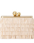 Clutch bag with ruffled design and gold accents on a white background