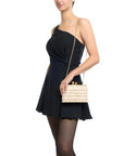 A model wearing a black one-shoulder mini dress and black tights, holding a cream-colored woven clutch bag with a gold chain strap against a plain white background.