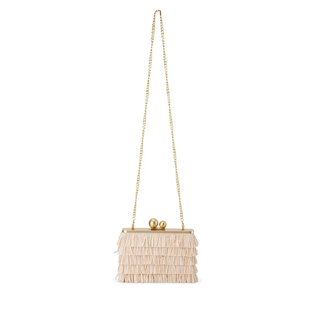 Natural colored bag with gold strap on a white background