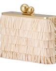 A gold and beige clutch bag featuring a tiered beige raffia fringe body, a gold metal top frame, two gold decorative spheres on top