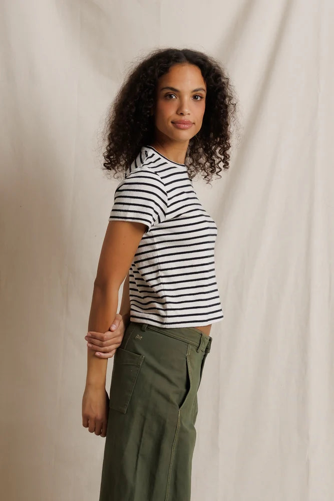 Carter Crewneck Tee side view on model