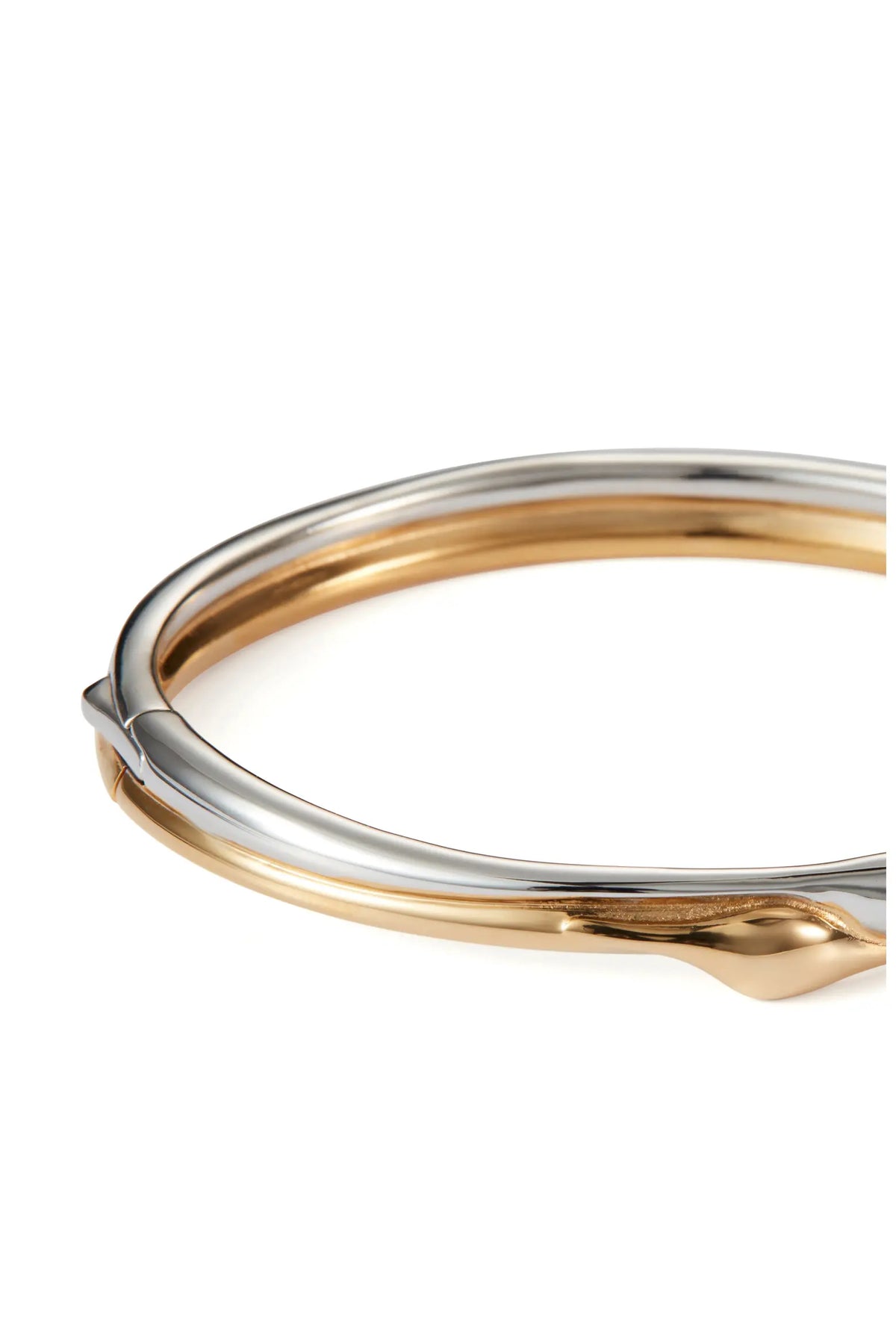 A two-tone metal bangle bracelet with a polished silver outer band and a gold inner band, shown on a clean white background.