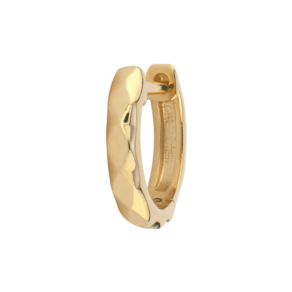 Single Gold Textured Hoop Earring front and partial side view on white background 