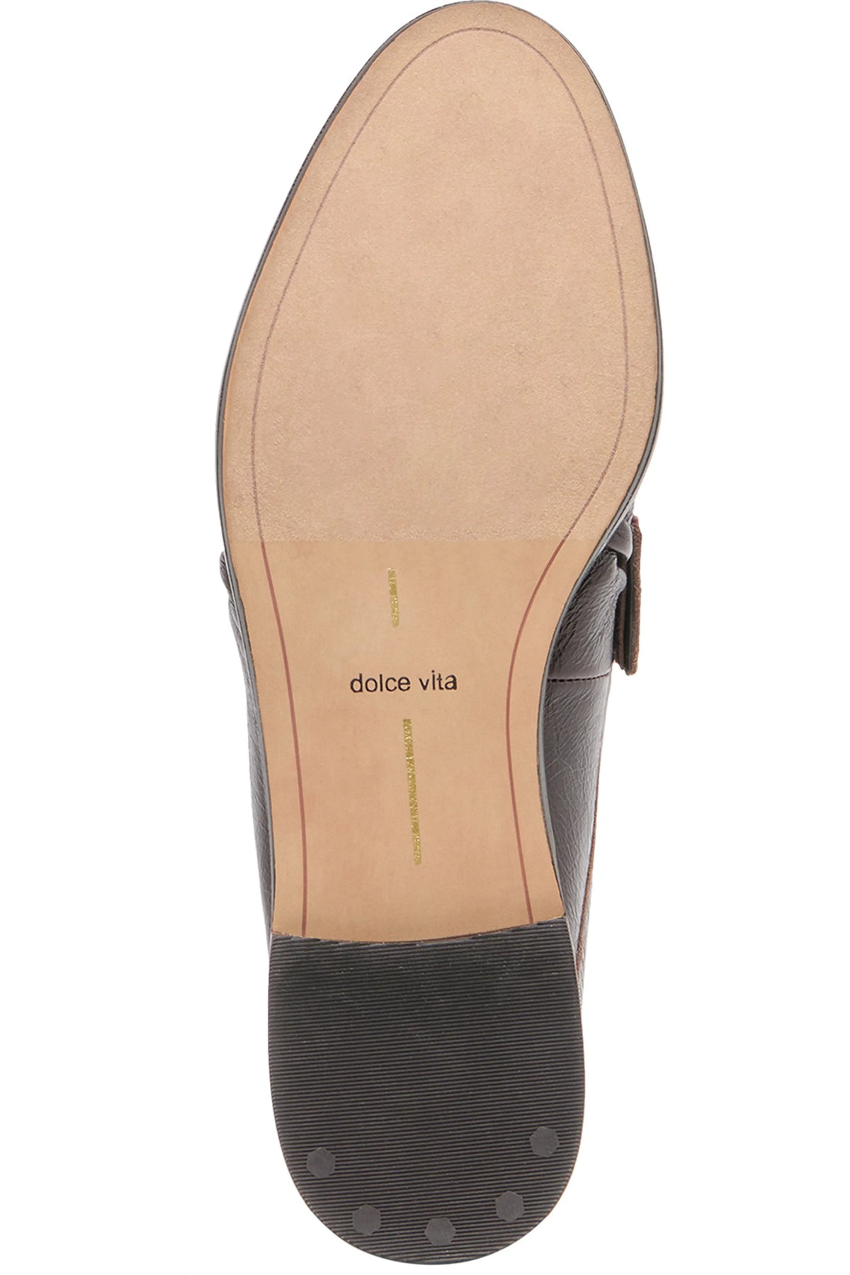 Top-down view of a Dolce Vita men's loafer sole, showing a dark brown leather upper, a tan insole with the brand name printed in black, and a black rubber outsole.