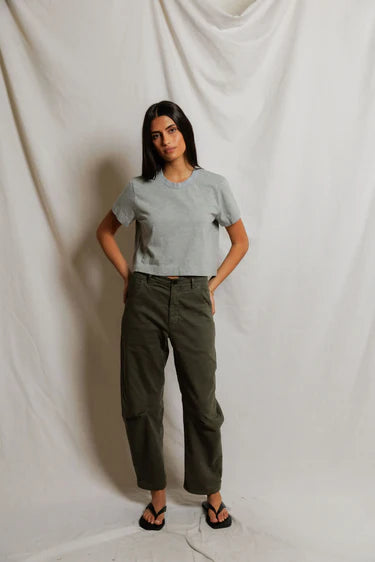 model wearing a heather grey t shirt and green pants on a white background