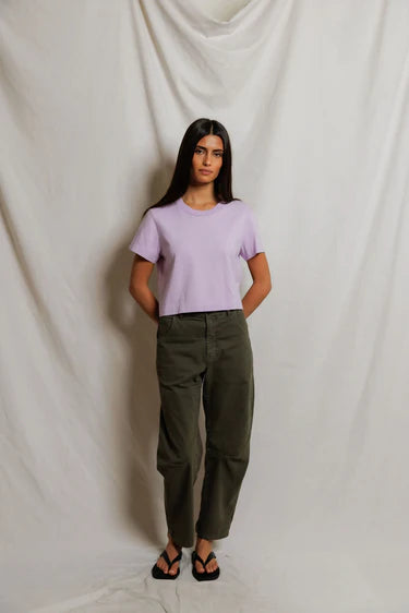 model wearing a purple tee and green pants on a white background