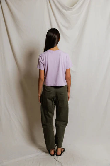 model wearing a purple tee and green pants on a white background, back view