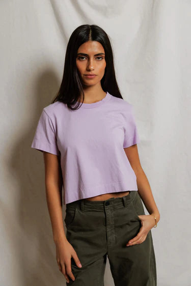 model wearing a purple tee and green pants on a white background