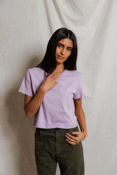 model wearing a purple tee and green pants on a white background