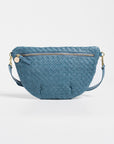 A blue woven leather belt bag with a top zipper, gold-tone hardware, and a matching shoulder strap, shown against a plain white background.