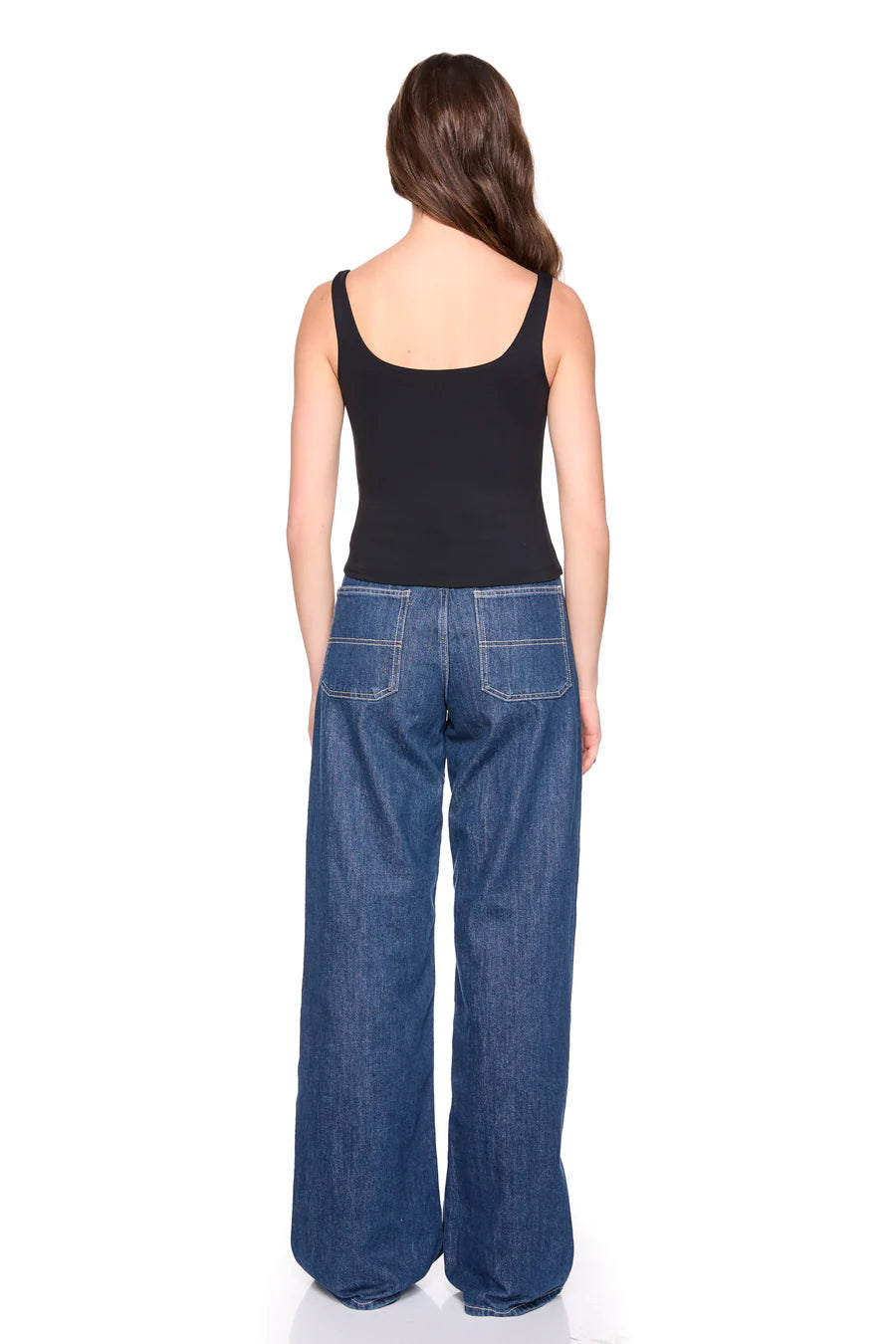 everyday tank in black on a model wearing jeans with a white background back view