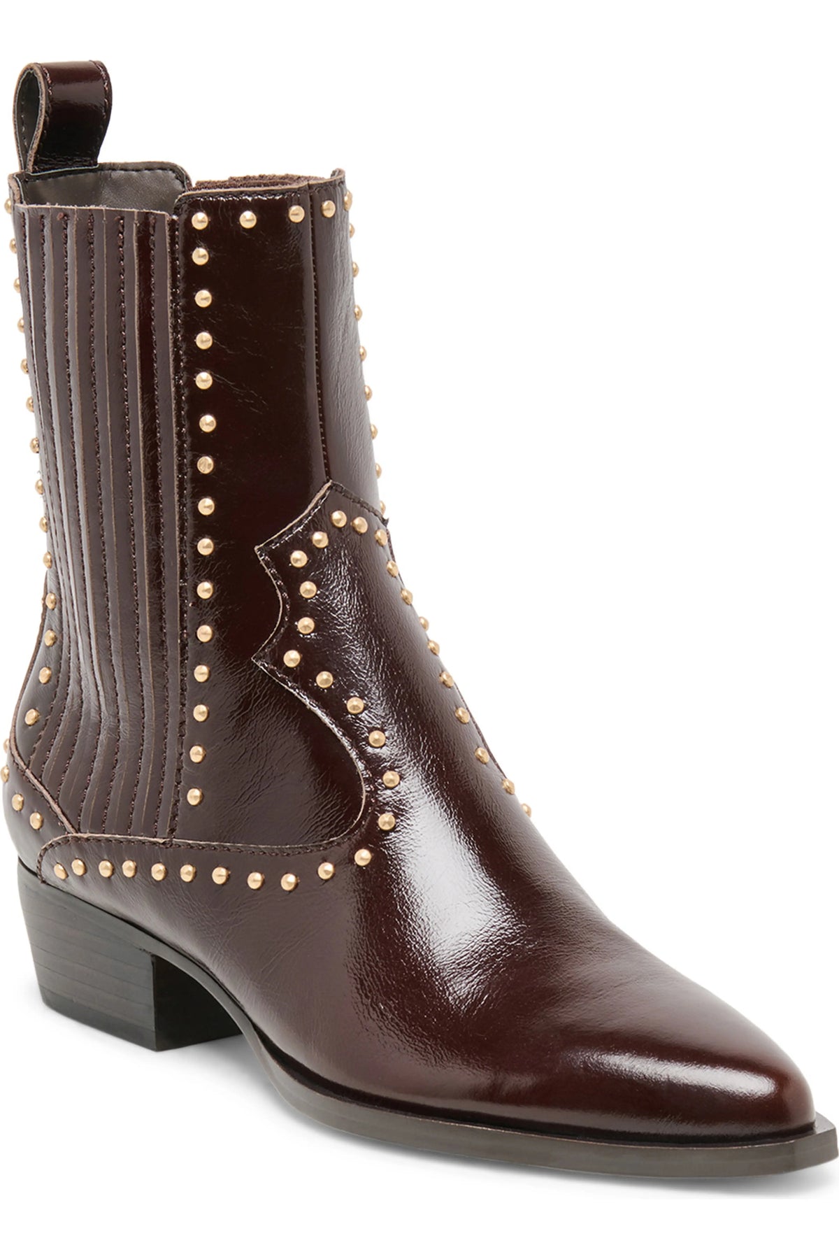 A dark brown leather ankle boot with gold-tone metal studs, featuring a pointed toe, low block heel, and a pull tab at the top, shown against a plain white background.